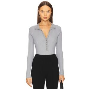 Free People Intimately Grey Ribbed Collared Button Front Long Sleeve Bodysuit‎ L